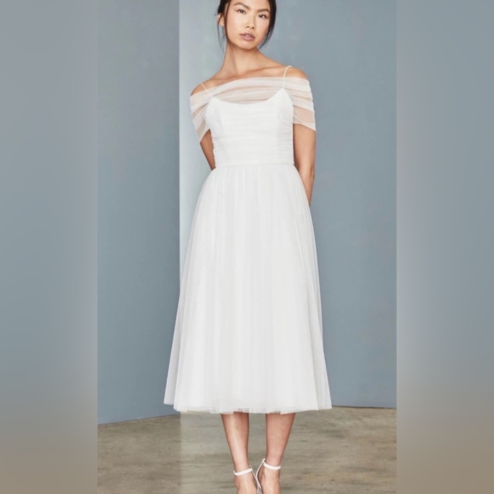 AMSALE LITTLE WHITE DRESS TULLE MIDI DRESS, SIZE 8, NWT.